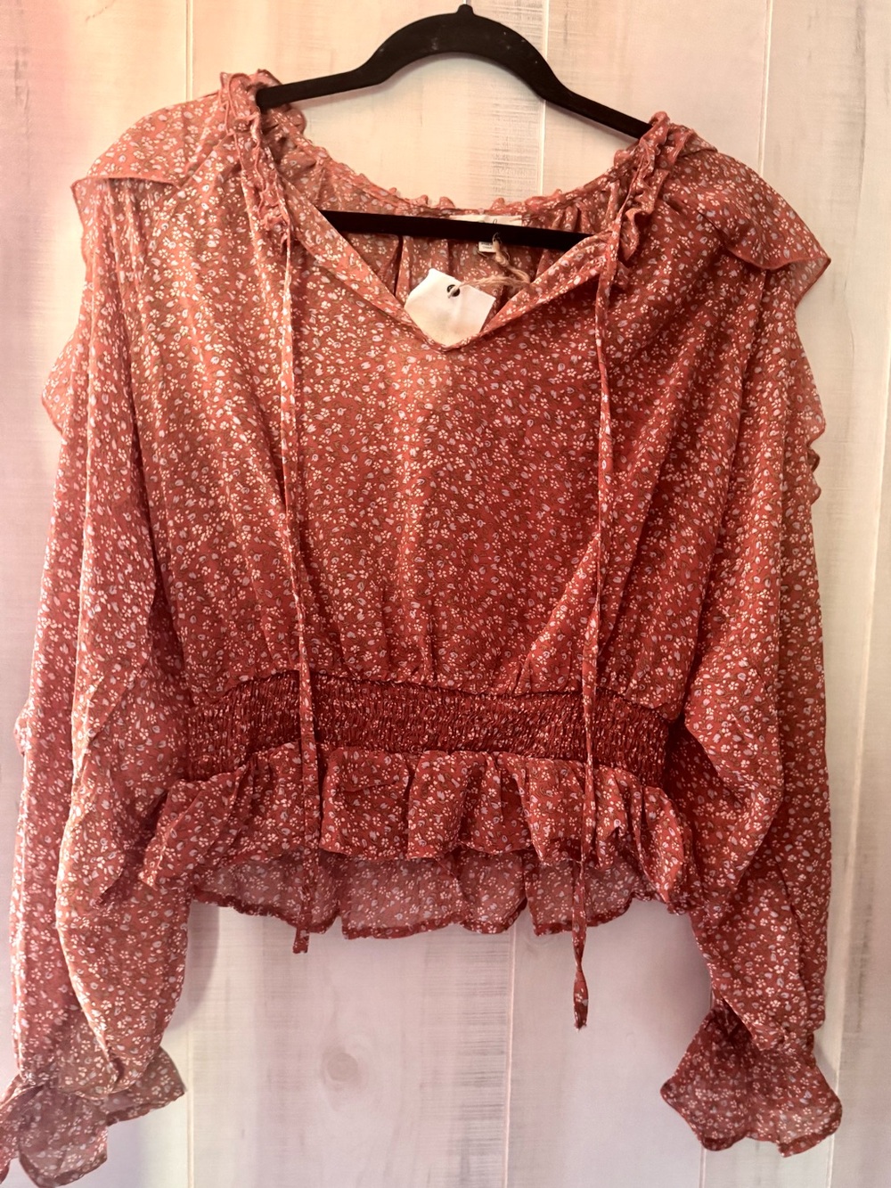 Easel Rust Sheer Ruffle Peplum Blouse - Picture 4 of 5